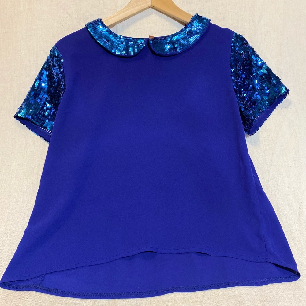 Royal Blue Sequin Shirt with Peter Pan Collar